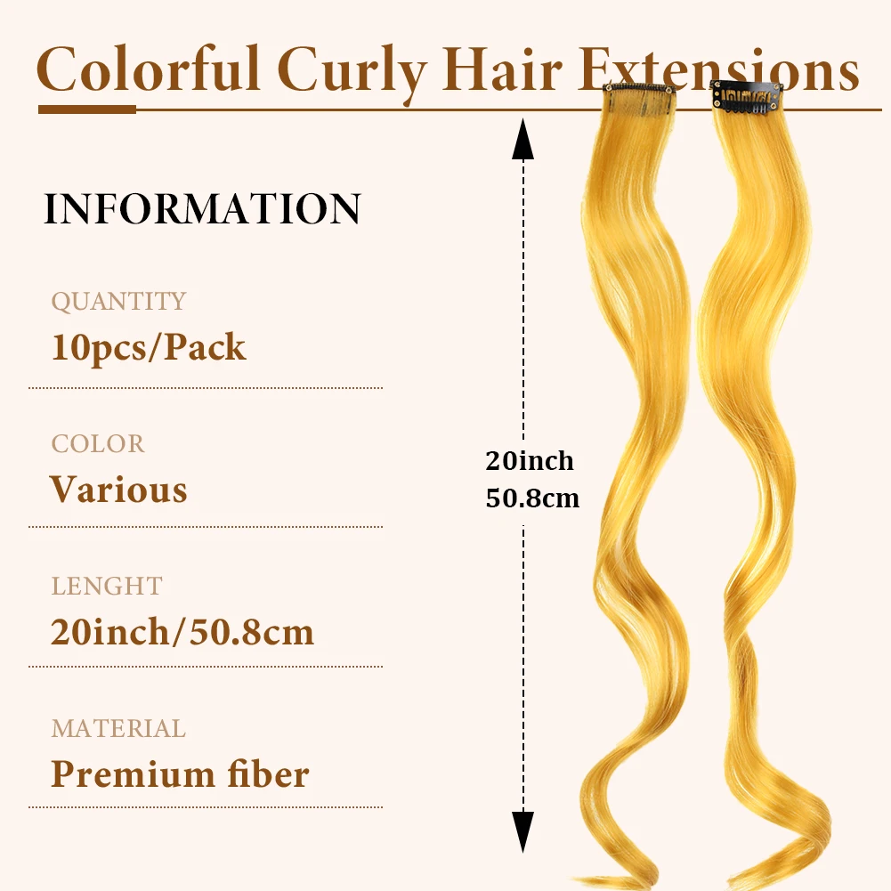 Colored Hair Extensions Synthetic Rainbow Hairpiece 10Pcs/Pack Clip in Curly Wavy Accessories Party Highlights Hair for Women