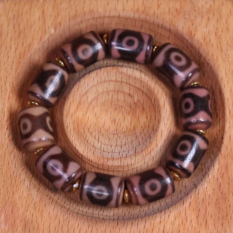 5A Grade Tibetan Natural Genuine Old Mine Agate Snow Jade Lotus Three-Eyed Dzi Bead Bracelet Necklace, approximately 12*16mm
