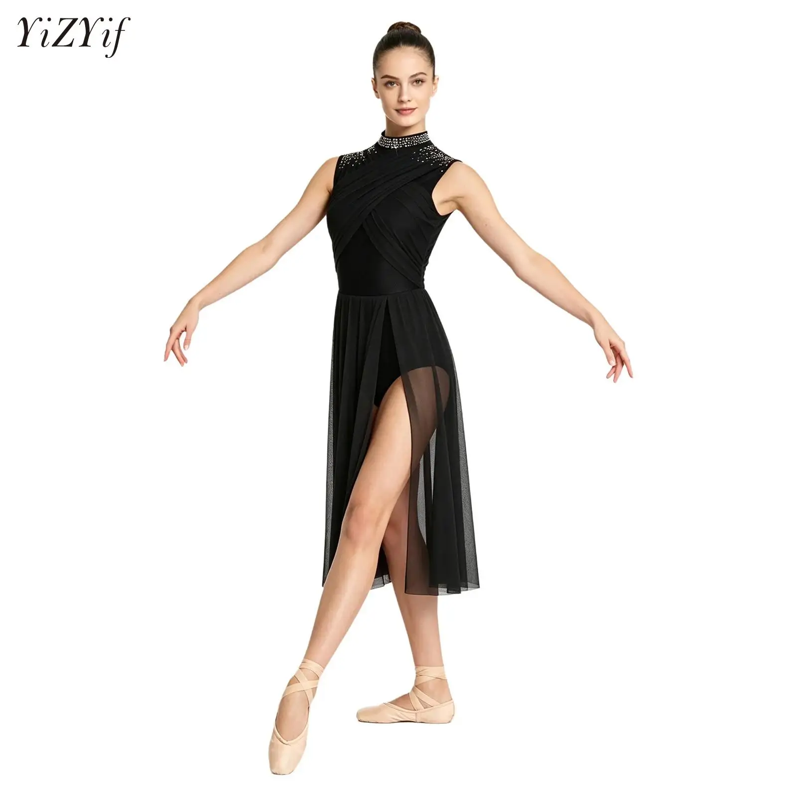 Women Lyrical Dance Dress Sleeveless Rhinestones Draped Ruched Overlay Leotard Dress for Church Worship Ballet Dance Competition