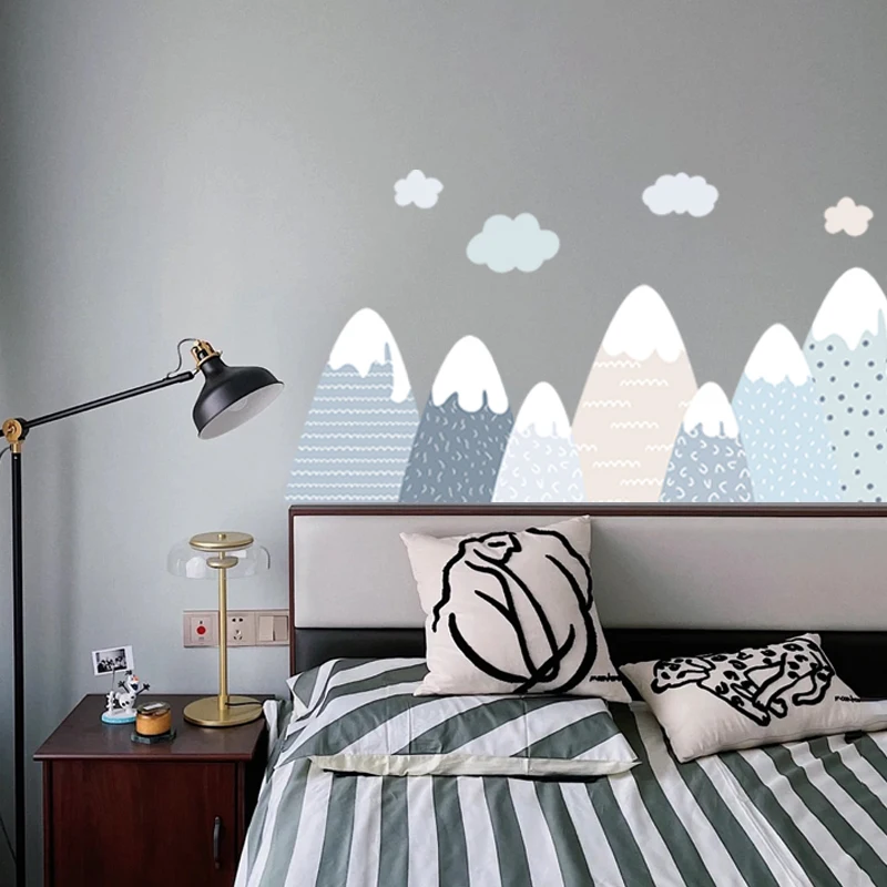 Nordic Style Fabric Mountain Wall Murals Peel and Stick, Self Adhesive Waterproof Landscape Wall Stickers Wall Art, Watercolor