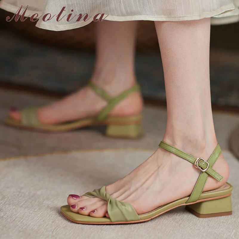 Meotina Women Genuine Leather Sandals Square Toe Flat Cow Leather Sandals Causal Buckle Ladies Shoes Summer Green Beige 40