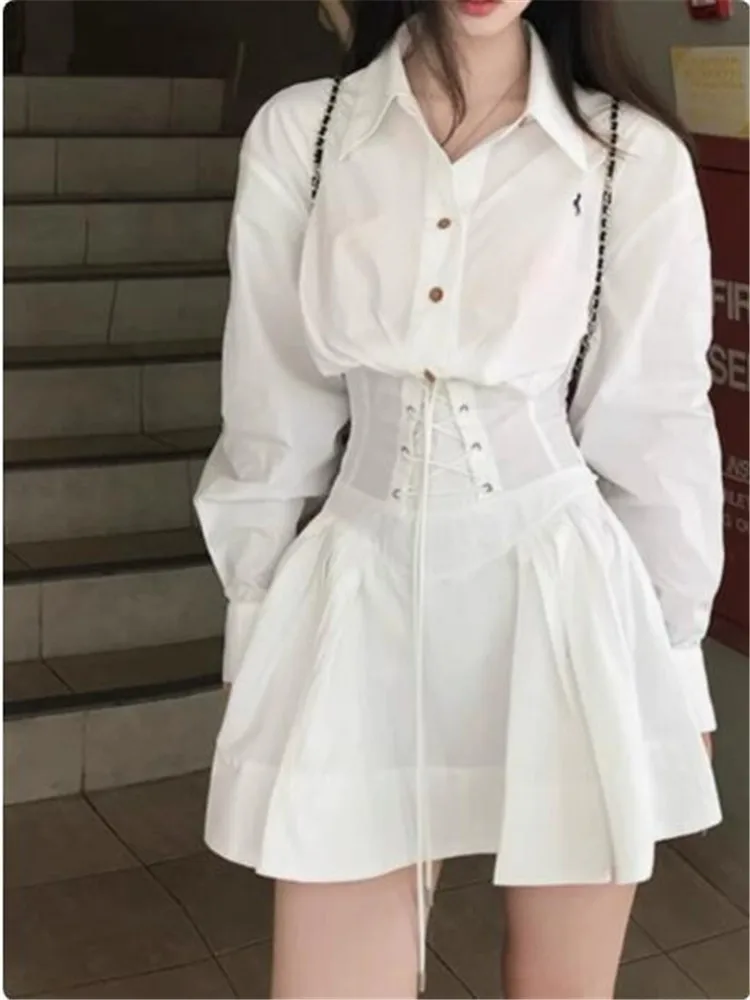 New Fall Women Fashion White Super Mini Dress V Neck Lace Up Bandage Slim Short Skirt Fashion Long Sleeve A Line Shirt Dress