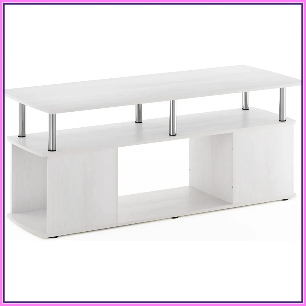 

3-Tier TV Stand for TVs up to 50 Inch, Open Shelf & Side Storage, White Oak/Stainless Steel