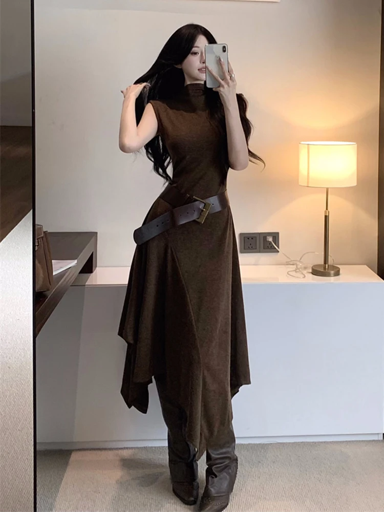 REDDACHiC Sukienka damska typu tank z nieregularnym patchworkiem, koreańska, gładka, codzienna, luźna, z golfem, midi, długa, z falbanami, modna odzież jesienna