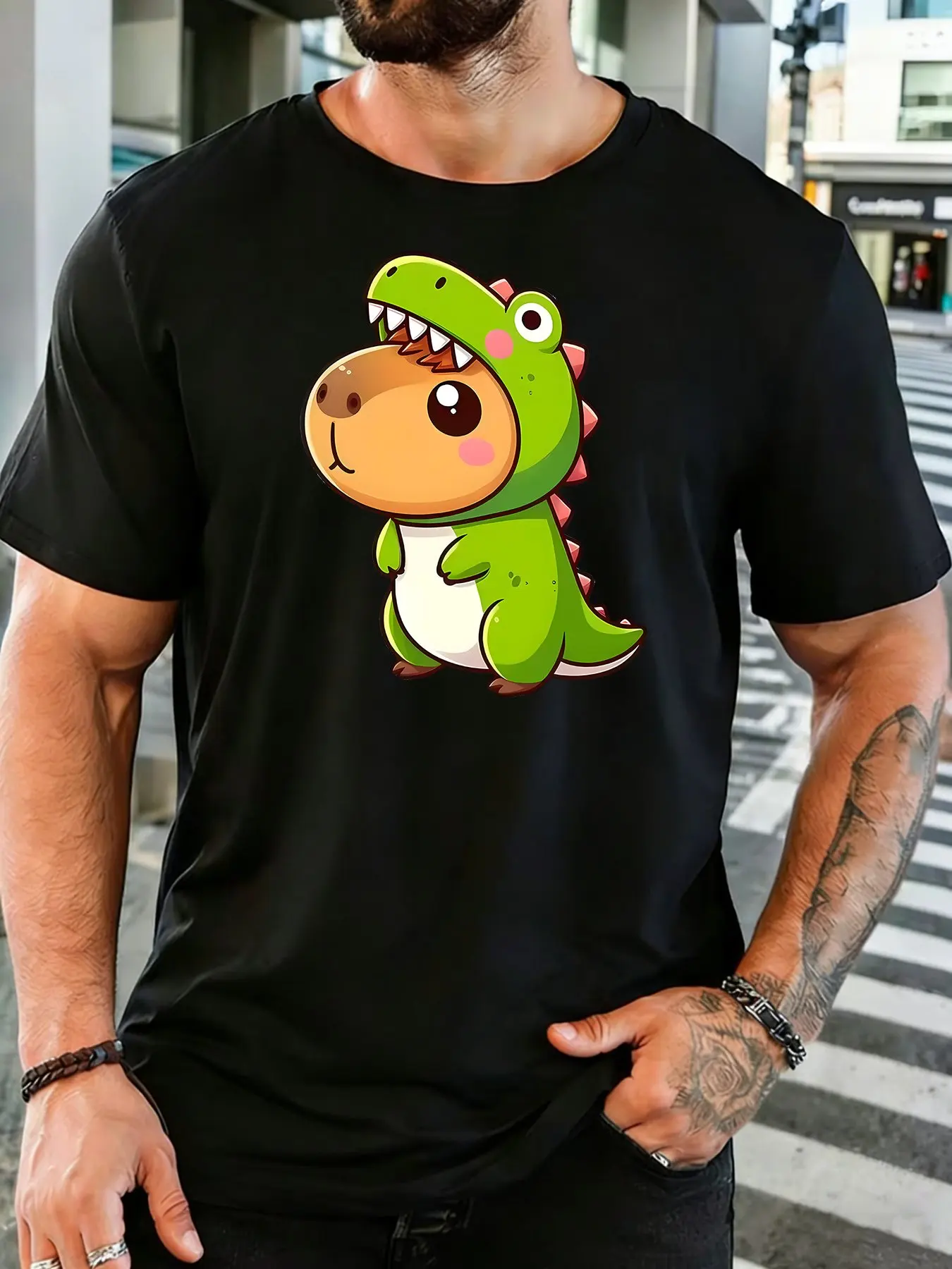 Fashion Mens Loose Crew Neck Cotton Top Lovely Capybara Wearing T Rex Suit Print Short Sleeve Animal Daily Vacation Soft Tees