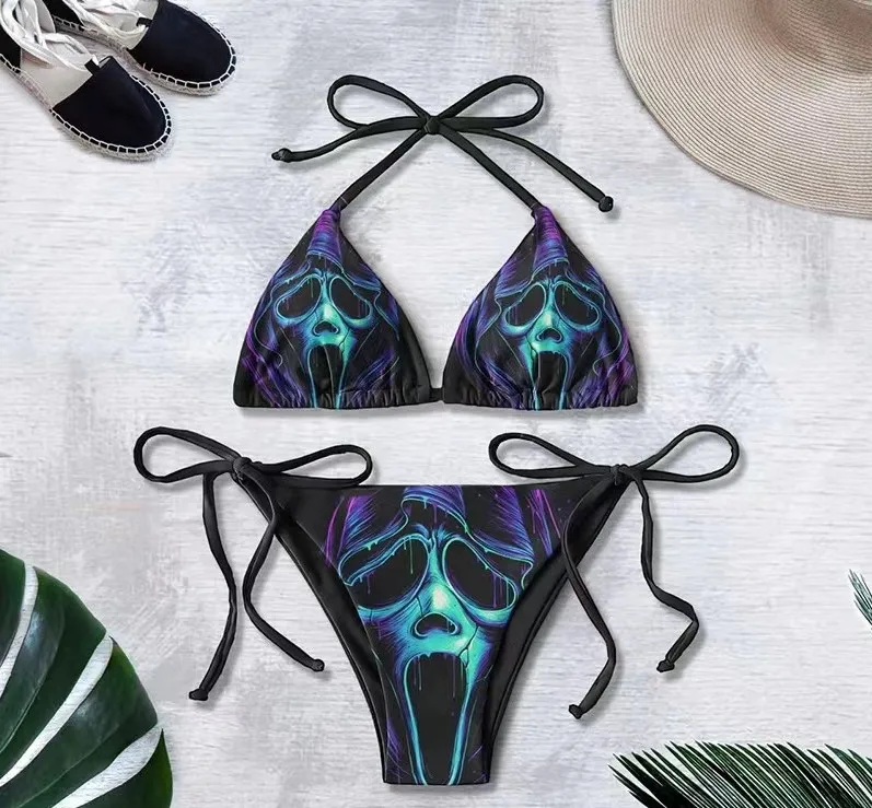 New Sexy Gothic Emo Bikini Women Two-piece Skull Print Bikini Suit Split Bathing Suit High Waist Swimsuit Strap Beach Wear