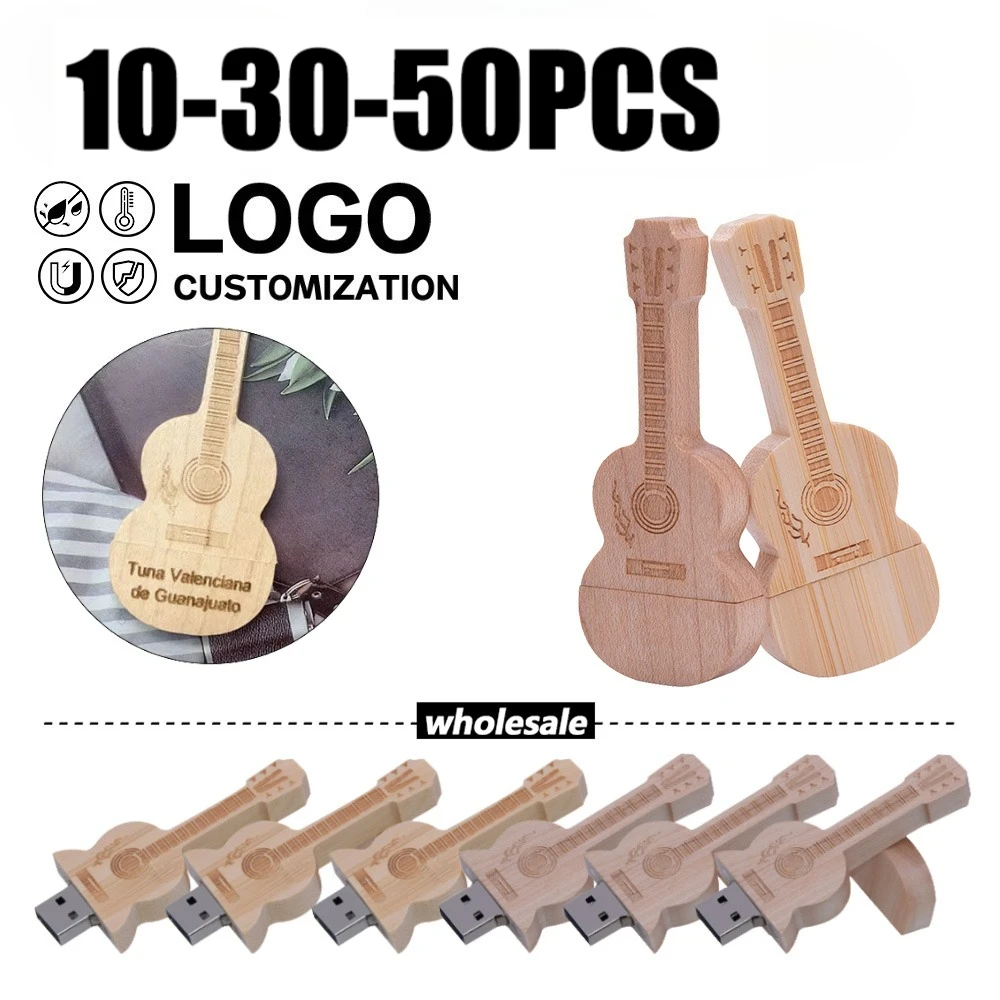 

10/30/50pcs Free Custom Logo Pen drive Guitar shaped USB flash drive Wooden Box Memory Stick Music Pendrive Creative gift128GB