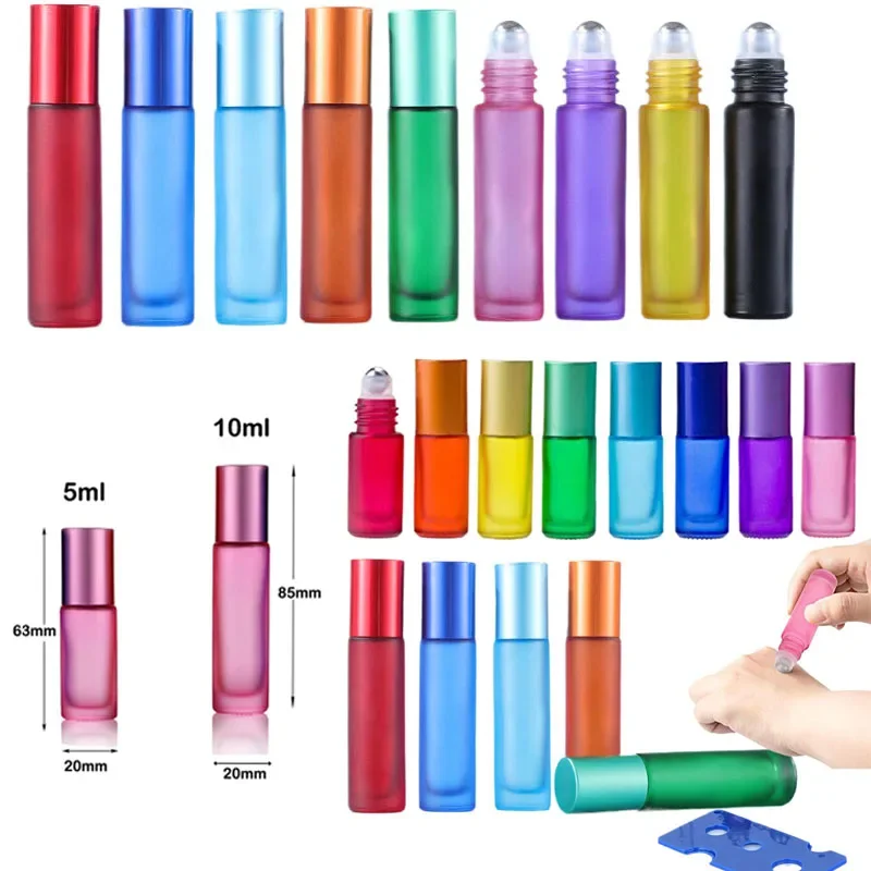 30pcs 5-10ml Colorful Frosted Roll-on Bottles Essential Oil Aromatherapy Refillable Massage Containers with Stainless Steel Ball