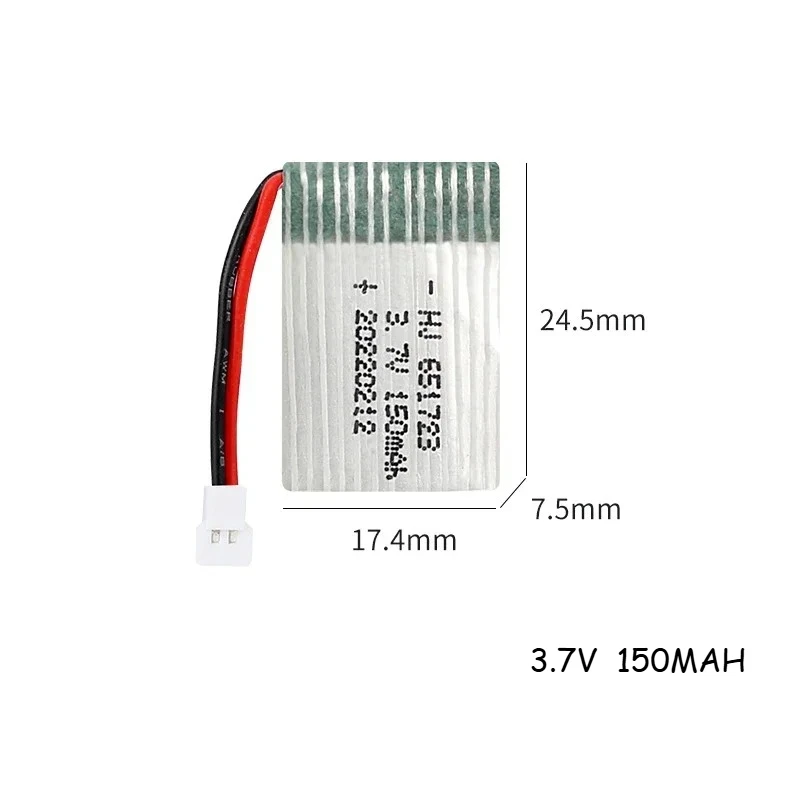 3,7 V 150 mAh Drohnen-Akku für Ni Hui U207 H2 H8 Quadcopter, Li-Ionen-Akku mit XH2.54-Anschluss (651723)