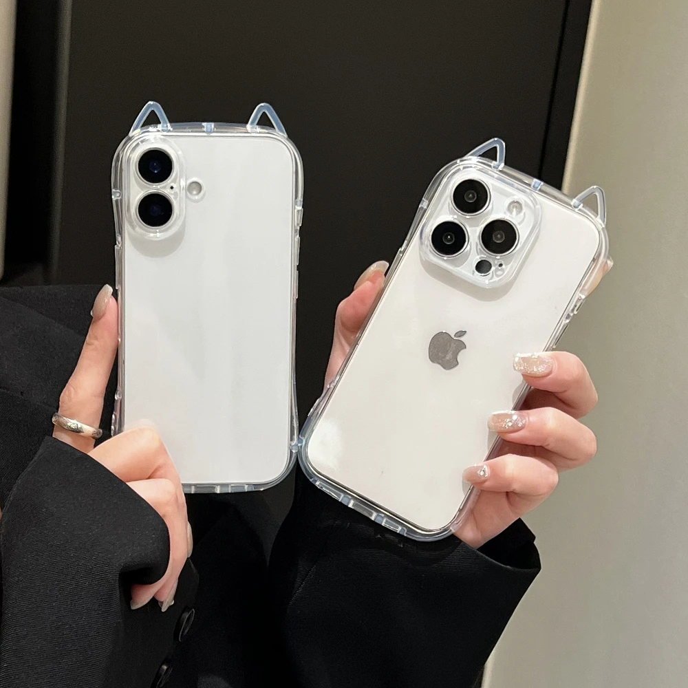 Fashion Clear Cute 3D Cat Ears Phone Case For iPhone 16 15 14 13 12 11 Pro Max 7 8 Plus X XR XS MAX Shockproof Soft TPU Cover