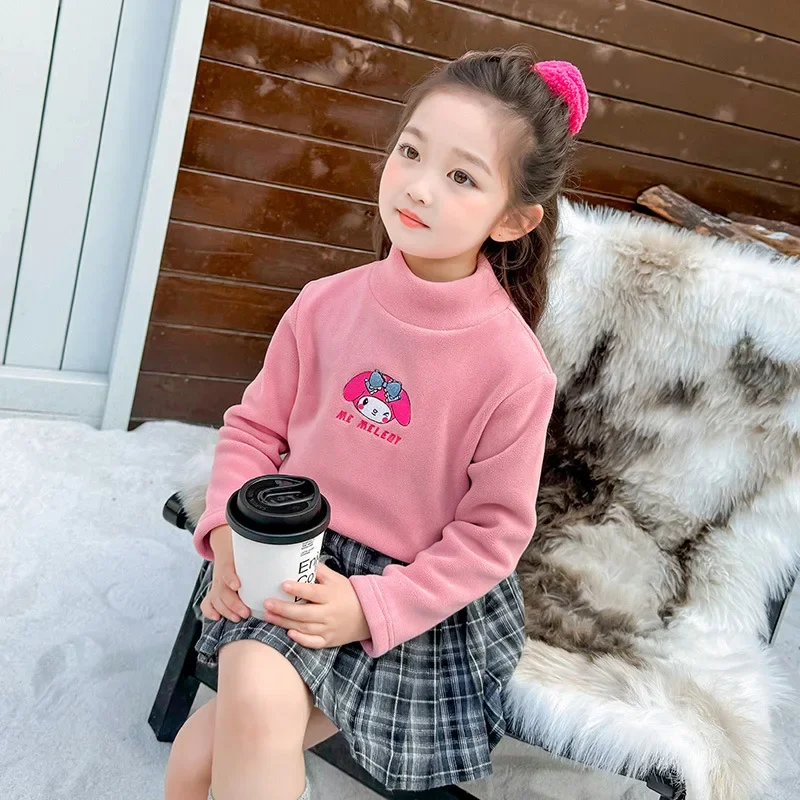 Kuromi Anime Kawaii Sanrio Ins Fashion Children Embroidery Plus Fleece Shirt Cute My Melody Thickened Hooded Clothing Gifts