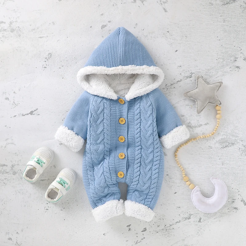 Boy Baby Rompers Knitted Infant Jumpsuit Long Sleeve Winter Newborn Kid Clothing Fashion Hooded 0-18M Solid Fleece Warm Overalls