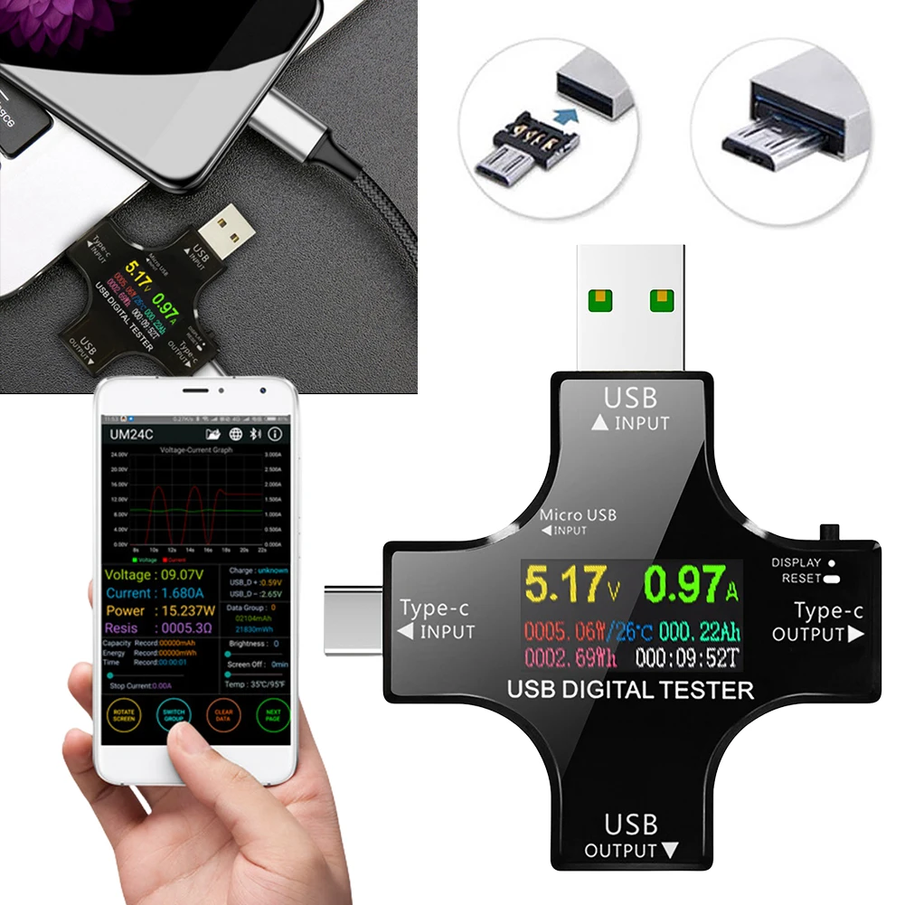 Tester USB typu C z kolorowym wyświetlaczem cyfrowym, woltomierz cyfrowy DC, miernik napięcia i prądu, amperomierz, detektor napięcia, tester prądu USB