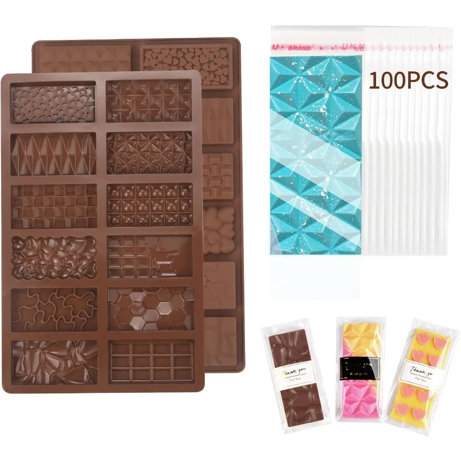 

Chocolate Molds 2Pcs Mini Silicone Chocolate Bar Mold with 100Pcs Bags Break Apart Non-stick Small Chocolate Candy Bar Molds Wa