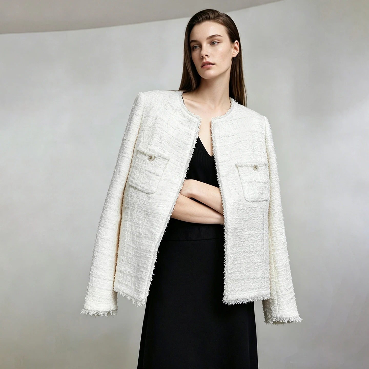 Amii Elegant Women's Jacket 2026 Winter New Round Neck Built-in Shoulder Pads Tweed Coat Loose Women's Long Sleeve Top 12624028