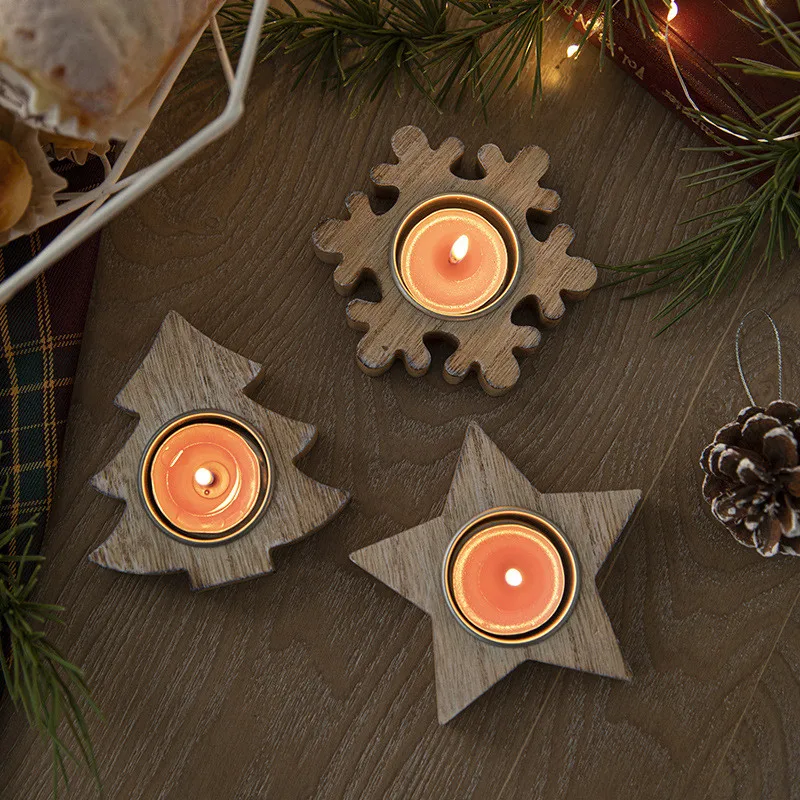 Wooden Xmas Snowflake Candlestick Christmas Tree Shape Candle Holder for Home Decoration 2022 Navidad Kerst Noel New Year Decor