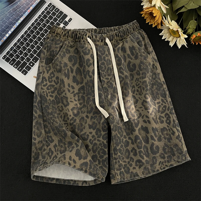 Men Leopard Denim Shorts Summer Thin American High Street Drawstring Casual Pants Loose Popular Versatile Handsome Trousers