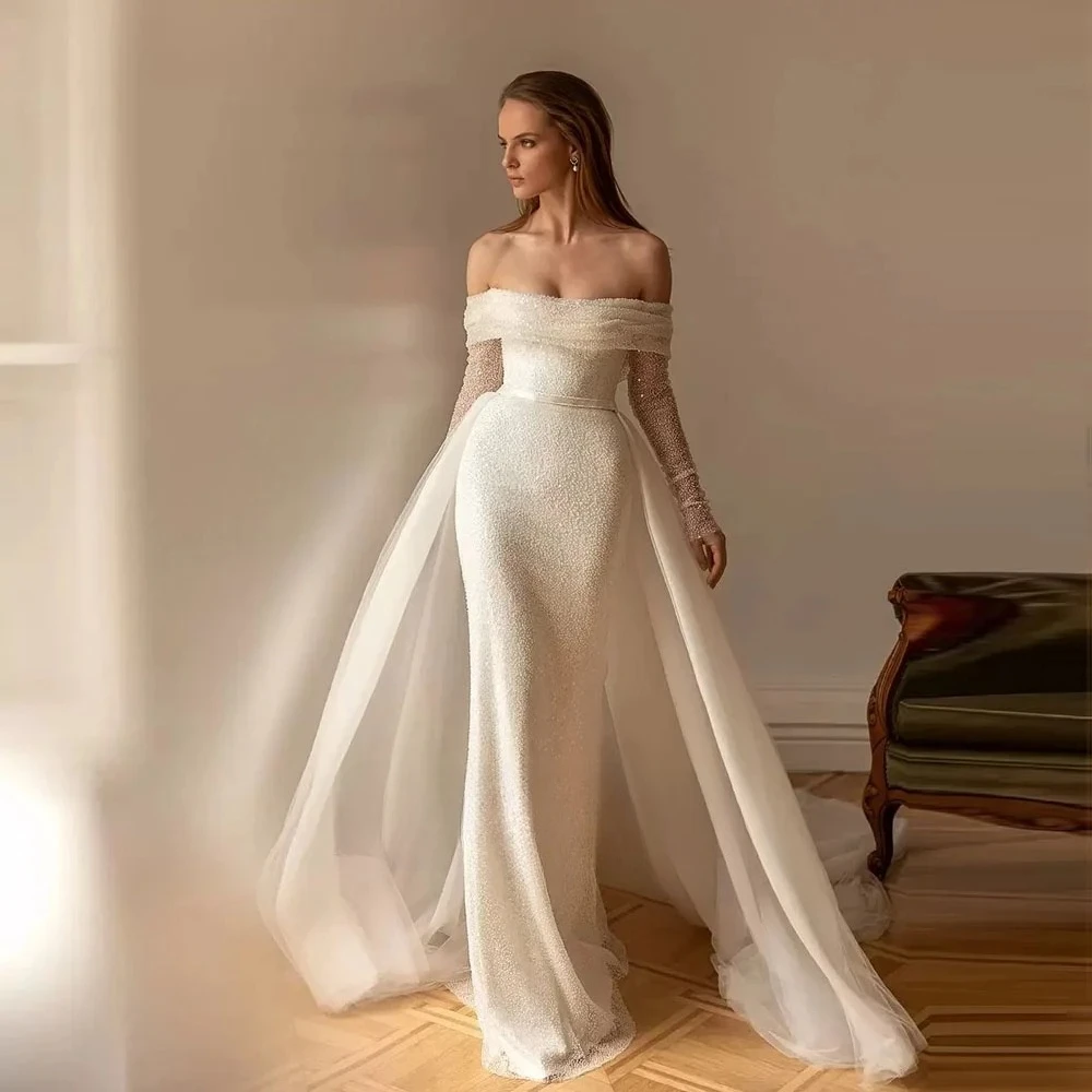 Customized Bridal Fashion Sequin Sexy Mermaid 2026  Long Wedding Dressing Strapless Train Off The Shoulder Zipper Vestidos