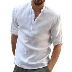 New Men's Casual Blouse Cotton Linen Shirt Loose Tops Long Sleeve Tee Shirt Spring Autumn Casual Handsome Men Shirts