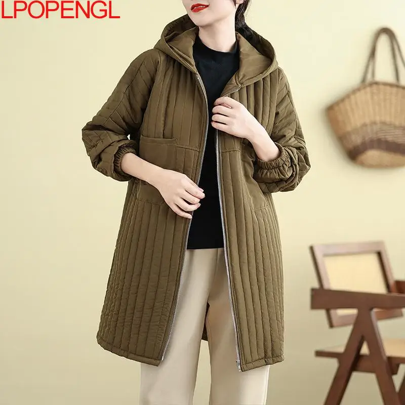 Women\'s 2024 Autumn And Winter New Thickened Hooded Mid-length Warm Long Sleeves Cotton Trench Temperament Versatile Loose Coat