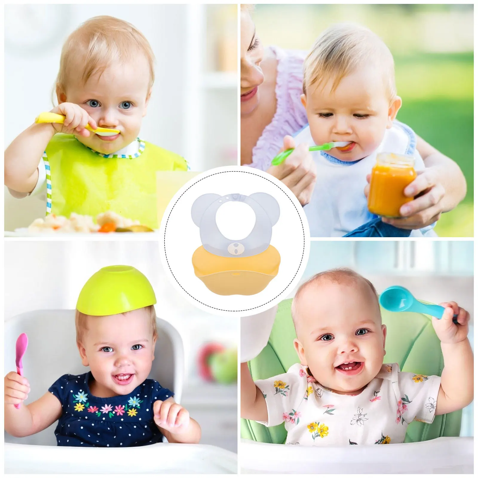 مريلة أطفال من السيليكون اللطيفة مقاومة للماء وحزام رقبة قابل للتعديل وسهلة التنظيف وآمنة للاستخدام في غسالة الأطباق لأساسيات تغذية الأطفال الرضع