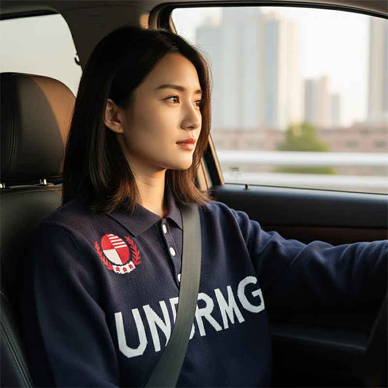 

American Retro Toned Navy Blue UNBRMG Logo Long Sleeved Polo Shirt With Retro Badge Design Knitted Texture Lapel Top