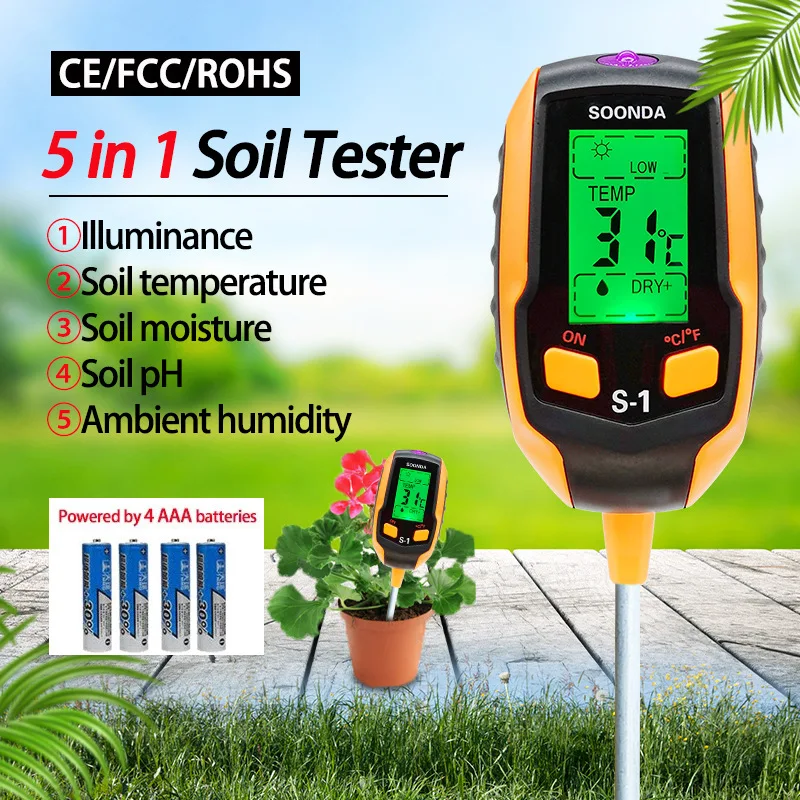 Five In One Soil Detector, Ph Tester, Ph Meter, Ph Meter, Ph Meter, Moisture Meter, Illuminance Meter