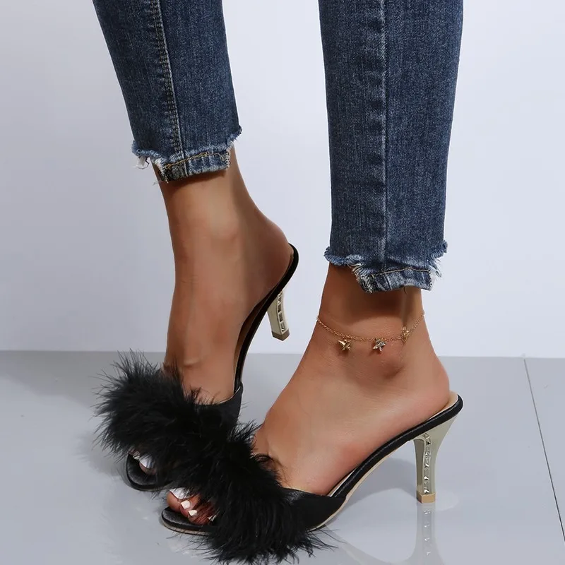 

Stiletto Women's Slippers New Summer Style Comfortable Elegant Open Toe Casual Sandals Furry Sexy High-heeled Women Slippers