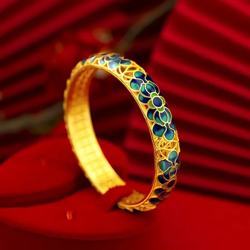 Boutique womens gold AU999 bracelet enamel hollow lotus bracelet 24k pure gold bracelet ethnic style lotus leaf bracelet