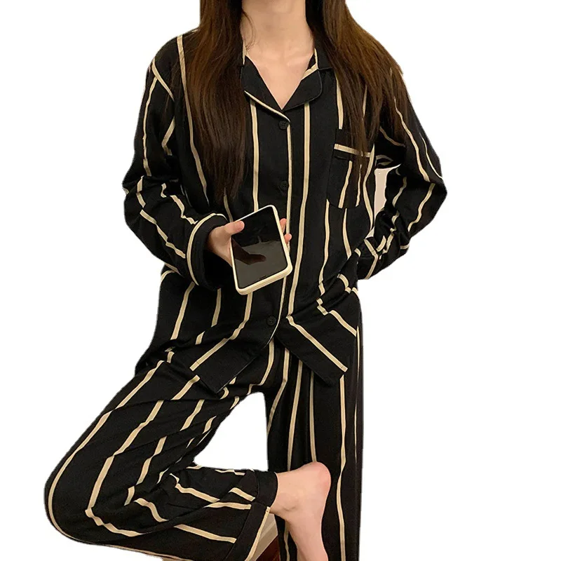 New Style Women\'s Pijama Set Long-sleeved Trousers  Set Home Wear Clothes Black Leisure Women Sleepshirt Sisters Silk Summer