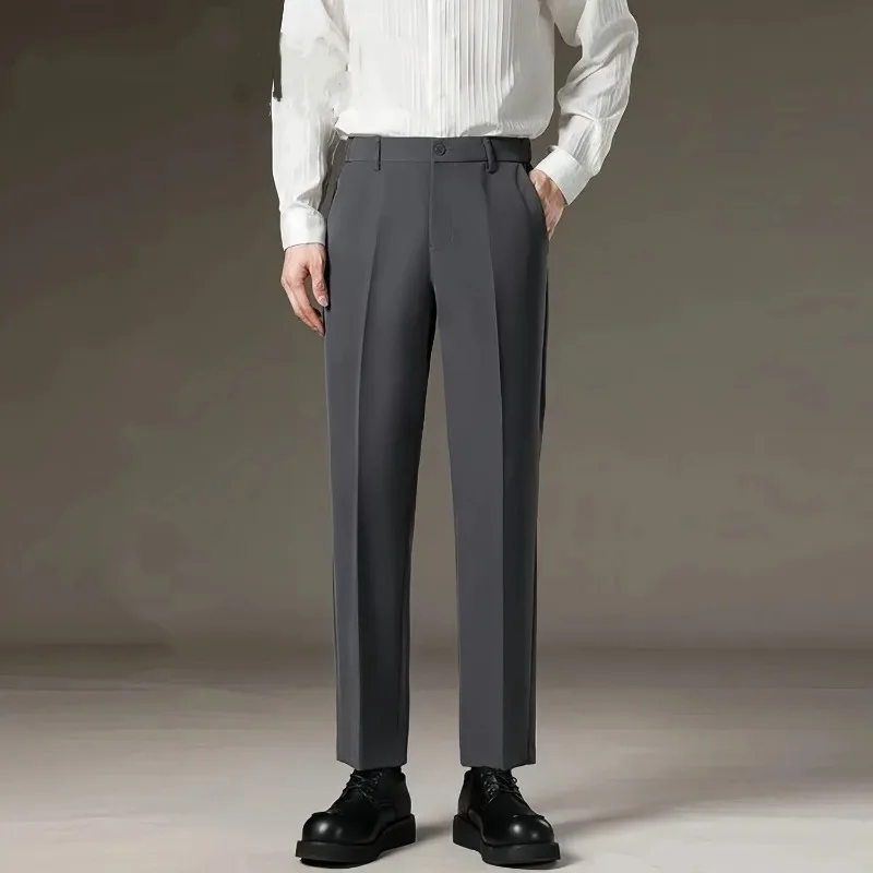 

Men's Nine-point Trousers Autumn Winter Plus Velvet Drape Slim Feet Business Anti-wrinkle No Ironing Casual Suit Trousers