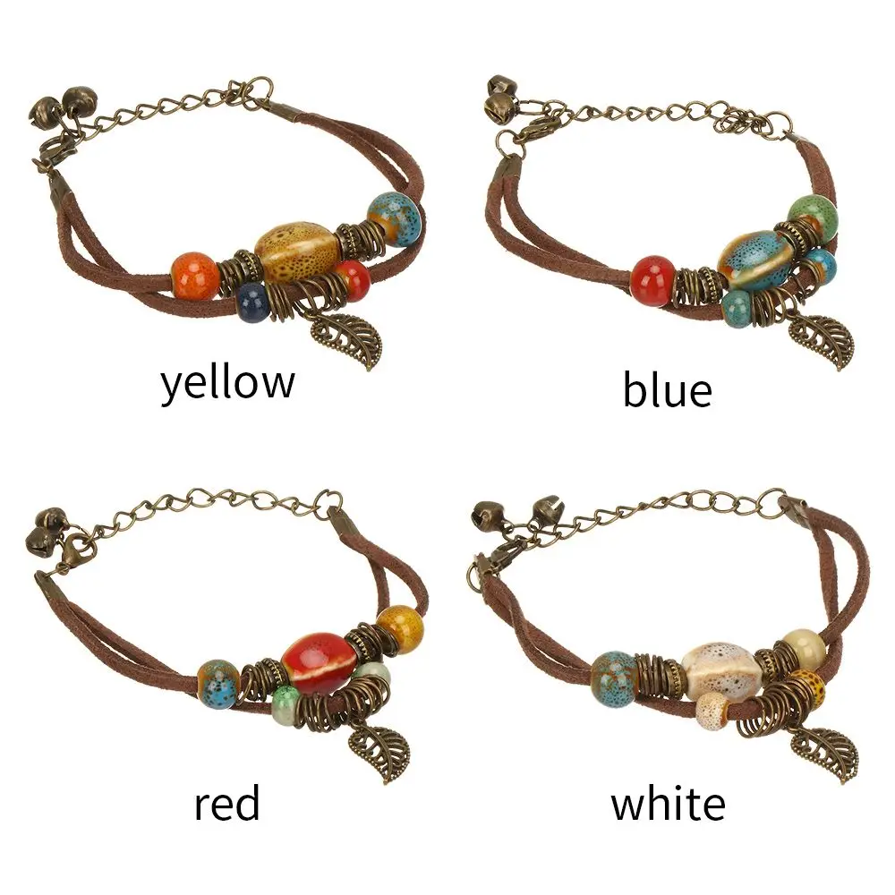 Hand-woven Cowhide Rope Bracelet Ceramic Bead Bohemian Bracelet Birthday Gift Accessories Creative Popular Gift Jewelry