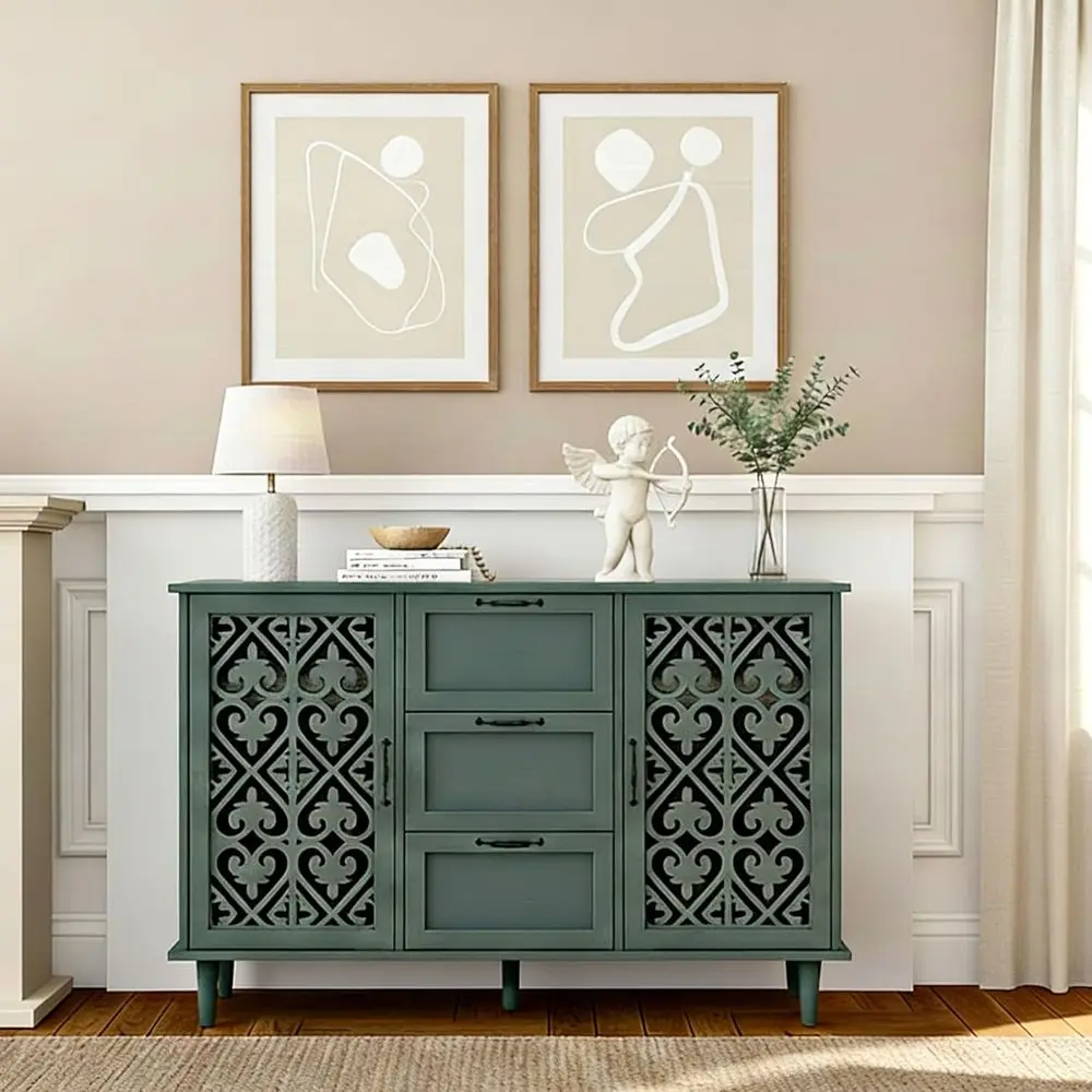 47Green Kitcen StoraCainet wit3 Ders, Retro uet Sideoard witSolid Wood eart-Saped Carved Do,StoraCainet, Dining Room, Living Roo
