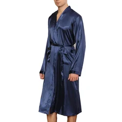 Casual Man Long Emulation Silk Satin Bathrobe Pajamas Long Sleeve Knee Length Kimono Robe Gown Sleepwear Nightwear Robes For Men