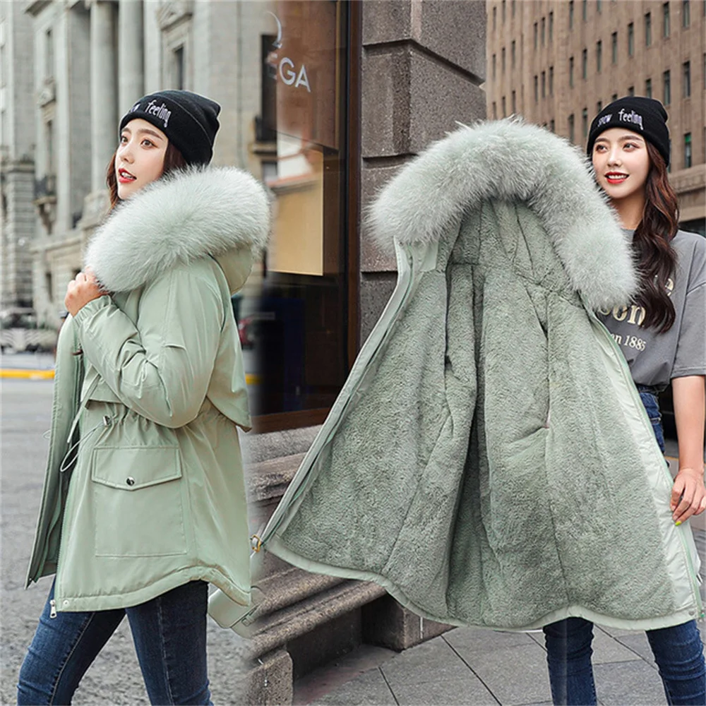 2021 New Winter Oversize Coat Fashion Hooded Parka Women Casual Cotton Jackets Mid-length with Fur Collar Warm Outwear Female