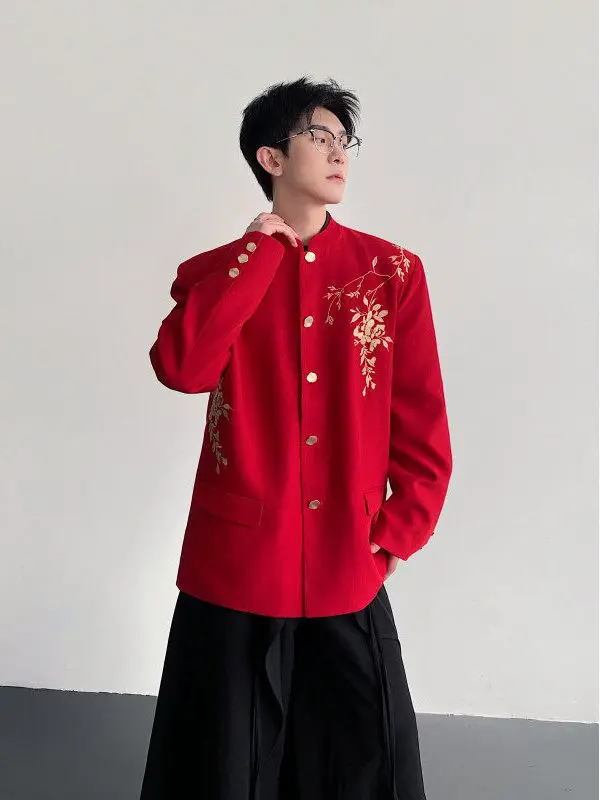 

Ele Embroidered Floral Heavy Work Stand Collar Men's Suiting Jaet Red New Year Celebration Wedding Faion Outerwear