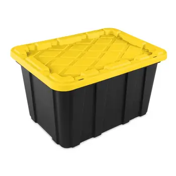 Contenedor de almacenamiento de plástico resistente de 27 galones con tapa a presión, apilable, para garaje, sótano, ático, transporte y organización. 10 best sales Organizador de garaje - №3