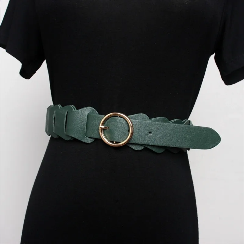 

Ms waist sealing Belt Fashion Simple Style Round Buckle Leather Chain Splicing Decoration Skirt PU Layer 2 Women Belt