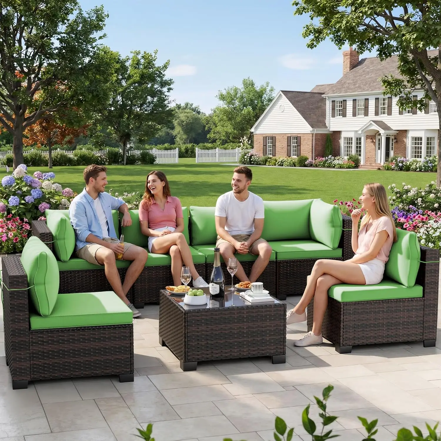 

7 Pieces Outdoor Patio Furniture Sets,Rattan Conversation Sectional Set,Manual Weaving Wicker Patio Sofa with Tea Table