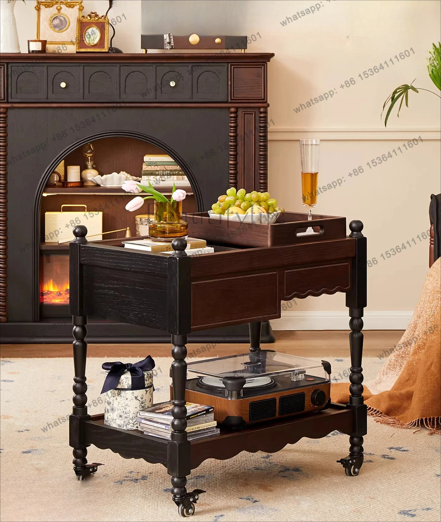 French retro solid wood removable side table living room tea table bedroom trolley coffee table