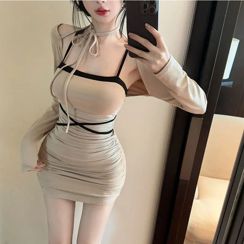 

2025 модные комплекты платьев, летнее женское пальто с длинными рукавами + сексуальное облегающее платье-бретелька с лямкой на шее для женщин