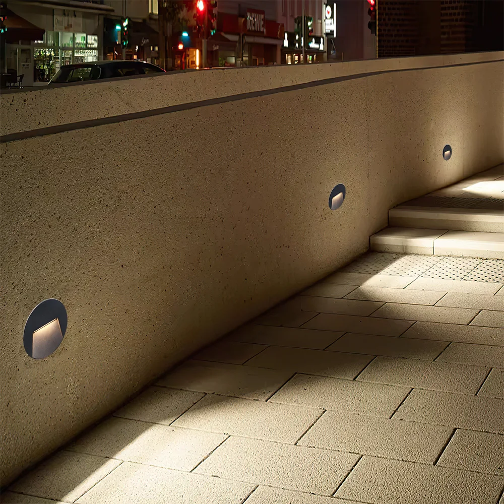 

Outdoor Recessed Light Emitting Diode Step Light IP65 Wall Light Matte Black Round External Night Stair
