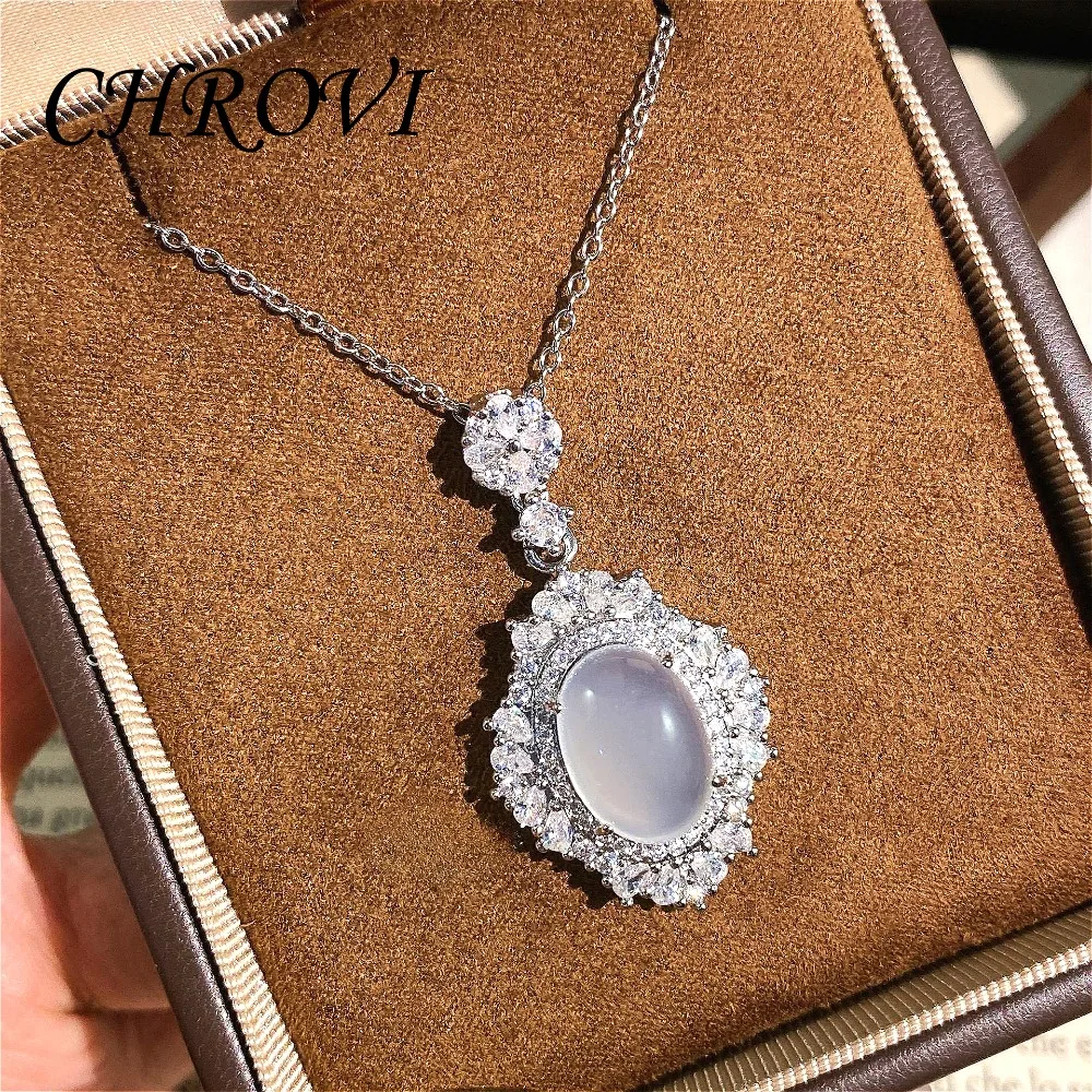 Luxuriöse Halskette aus 925er Sterlingsilber mit weißem Chalcedon-Cabochon für Damen, elegante Achat-Schlüsselbeinkette – Detail 1