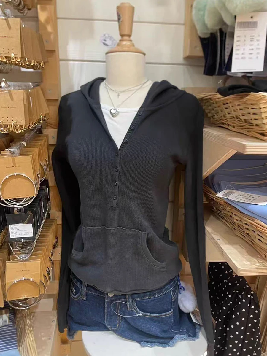 

Solid Simple Waffle Long Sleeve T-Shirt Woman Spring Buttons Hooded Slim Tee Shirt Casual Sweet Preppy Style Tshirt Y2k Tops New