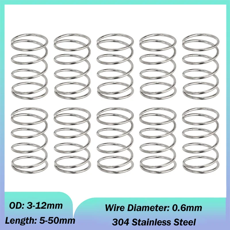 Wire Dia 0.6mm 304 Stainless Steel Micro Small Compression Spring OD:3.0/3.5/4.0/4.5/5.0/5.5/6.0/65./7.0/7.5/8.0~12mm L:5-50mm