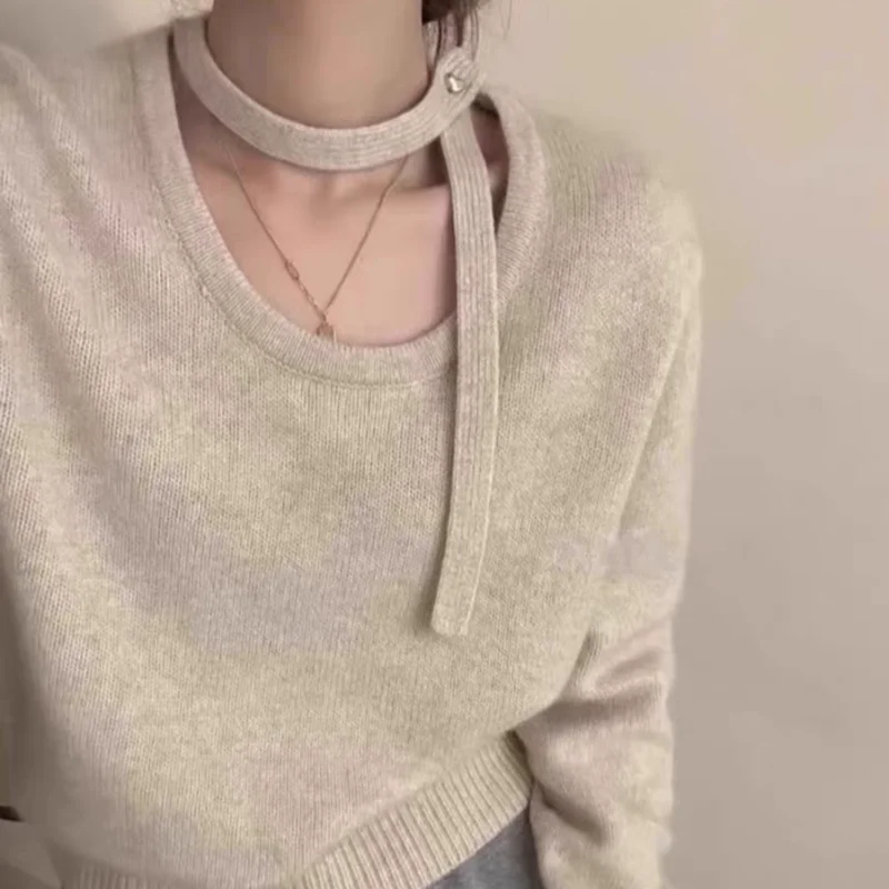 

Осень/зима женский кашемировый свитер с бретелькой на шее и круглым вырезом - однотонный пуловер, повседневная верхняя одежда, вязаный базовый слой из 100% шерсти