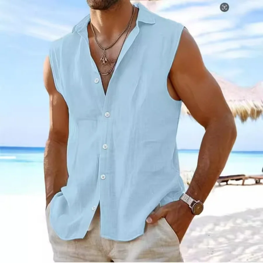 A New Summer Men's shirt with a Hawaiian beach style, solid-color cotton and linen comfortable lapel carshirt and sleeveless top