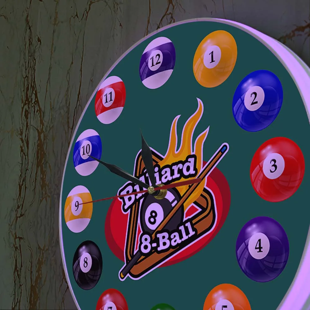 Billiards LED Night Light Wall Clock For Pool Hall Game Room Pool Snooker Modern Design Luminous Wall Watch Billiard Player Gift