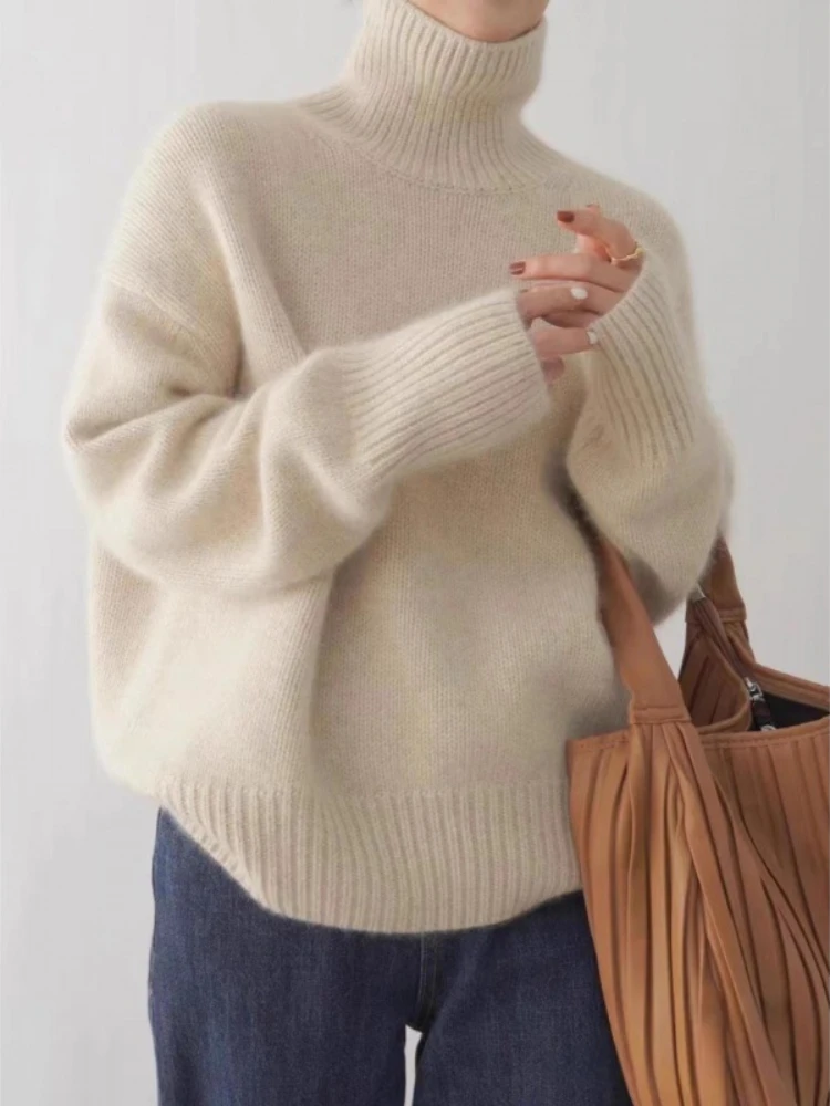 Casual Women's Sweater Autumn Winter New Solid Colour Knitwear High Neck Pullover Loose Lazy Jumper Thickened Basic Knit Sweater