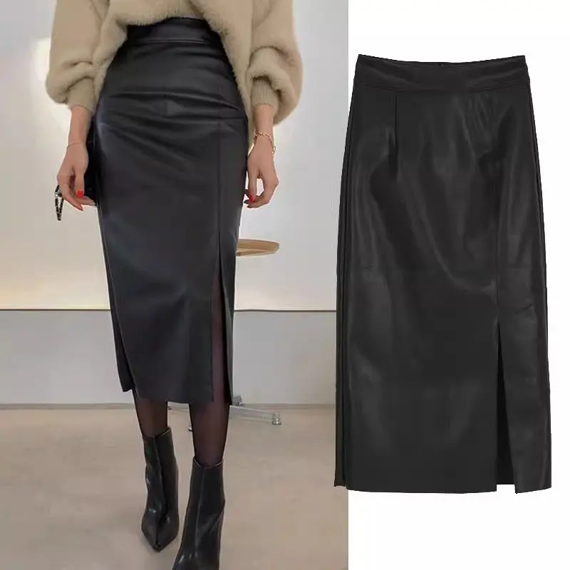 

Split Leather Skirt PU Half Skirt Women Autumn Winter Temperament Socialite A-line Skirt OL Fashion One-step Hip Hugging Skirt